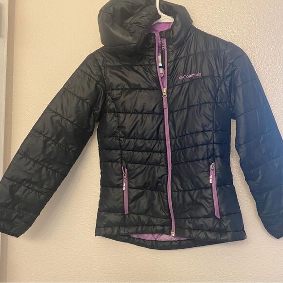 COLUMBIA Girls 550 TurboDown Hooded Down Jacket black purple M 10/12 - Picture 1 of 10